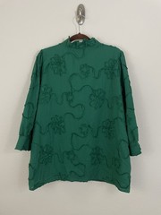 Cherry Betty Texture Floral Button Down 3d Ruffle Neck Top- Hunter Green Size XL