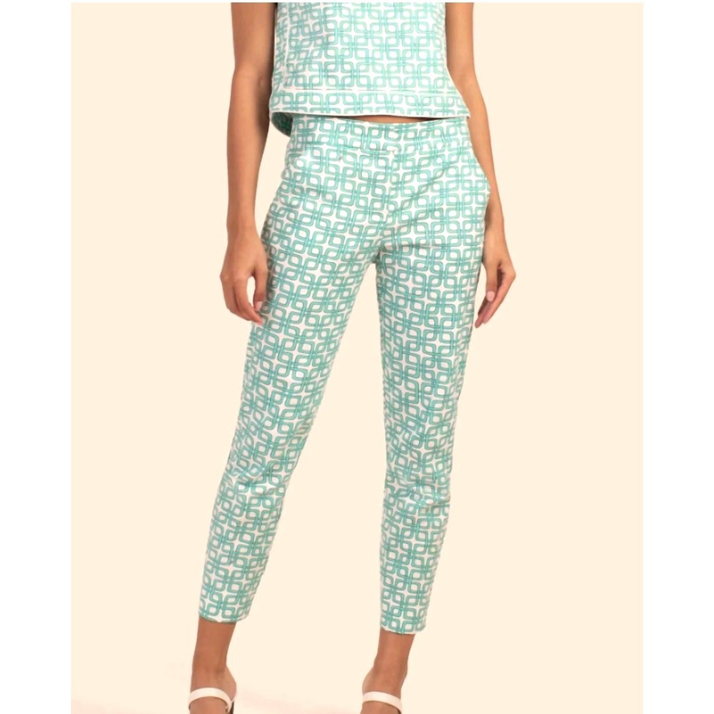 Trina Turk Womens 10 Teal Blue White Moss 2 Retro Ankle Pant Designer NEW