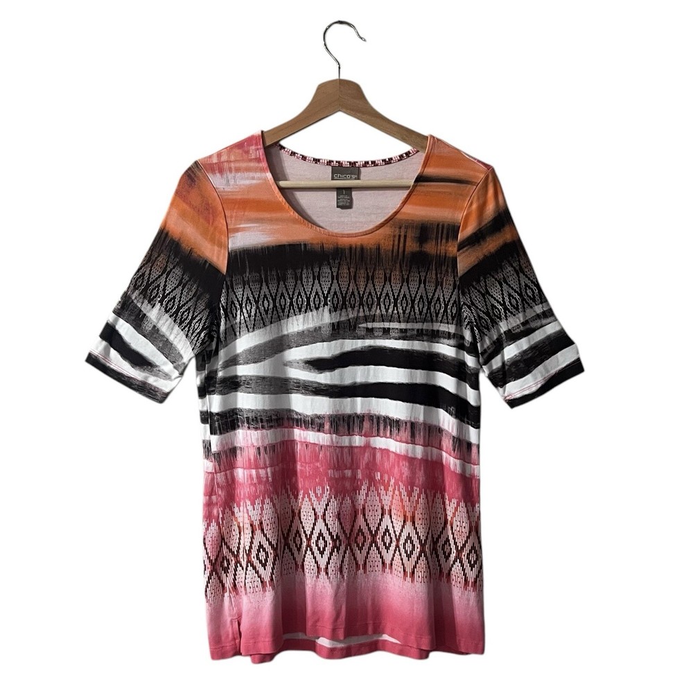 Chicos Tribal Geo Scoopneck Knit Top Size 1 Medium Pink Orange Brown 570329881