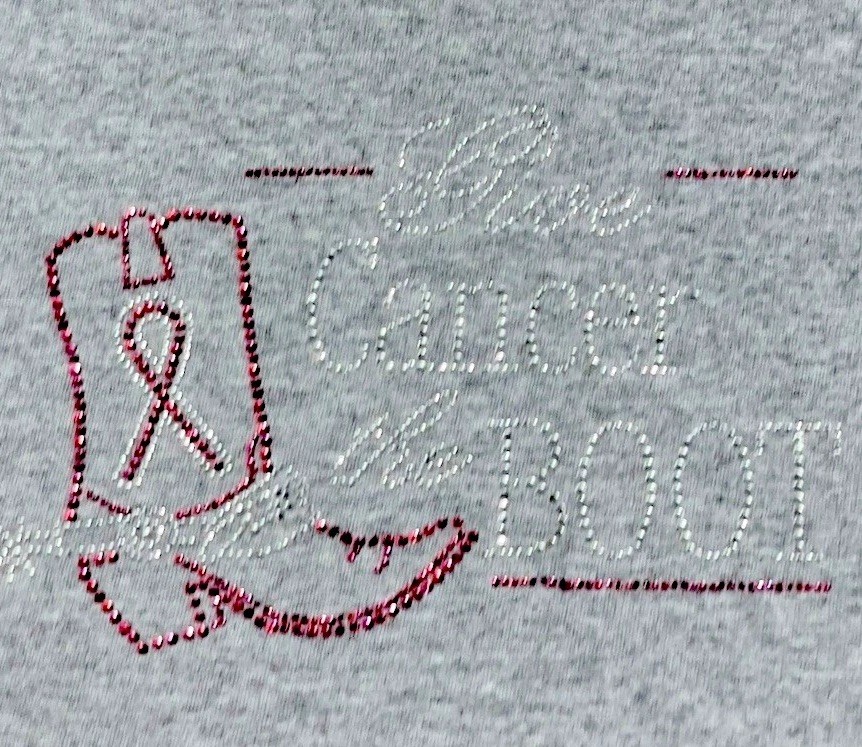 Shirt L GIVE CANCER THE BOOT Womens Fitted Cowgirl Boot Pink Bling Large Gray