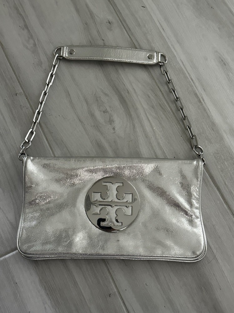 Tory Burch Metallic Silver Leather Shoulder Bag w/ Chain Strap Zip Lined Pockets