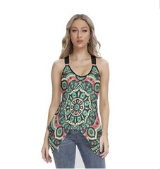 Women’s Teal Green Southwest Design Unique Cut Stylish Tank Top Large