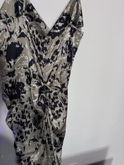 Black Beige Animal Print Satin V-Neck Ruched Slip Midi Dress Size 2XL