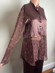 Vintage RICK Korean 3 Piece Outfit Brown Satin Floral Duster Pants Set Long Vest