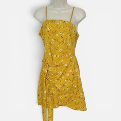 Women’s Yellow Floral Straight Neck Strappy Tie Back Cutout Mini Dress Size S