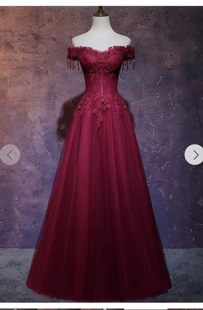 Burgundy Tulle Sweetheart Off-Shoulder A-Line Long Prom Dress Corset Size 6