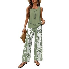 Women 2pcs sleeveless tiered vest, solid wide leg pants for lounge travel