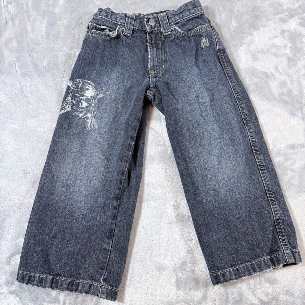 Disney Store Kids Jeans Size 4 Skull Graphic Denim Pants baggy botcut