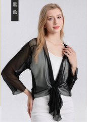 Womens Chiffon 100% Silk Shawl Half Sleeve Ultra-thin Capes Cardigan Shirt Black