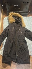 bebe Women’s Black Parka Coat S Hooded Lined Zip/Button Fur Trim