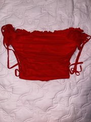 Windsor Red Off Shoulder Ruched Mesh Crop Top Short Sleeve Blouse S