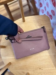 Coach Mauve Pebbled Wristlet with Hot Stamped Custom Initials, Logo, Zip Closure