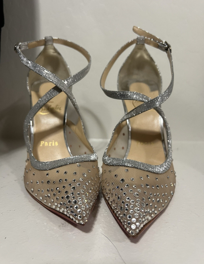 Christian Louboutin Women’s Silver Glitter Rhinestone Strappy Ankle Strap 6.5