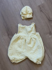 Vintage Baby Yellow Quilted Bubble Romper Matching Hat Floral Embossed Set