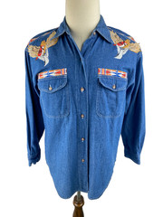 Vtg 80s OOAK Navajo Indian Art to Wear Denim Button Shirt Sz M Southwest Nature