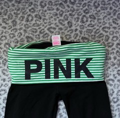 PINK M Black Flare Yoga Pants Green/White Striped Logo Waistband Stretch