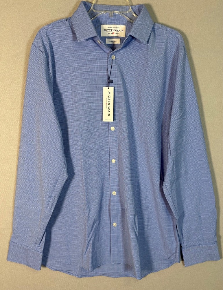 NWT Mizzen Main Leeward Shirt Mens XL Blue Plaid Button Up Trim Fit Made In USA