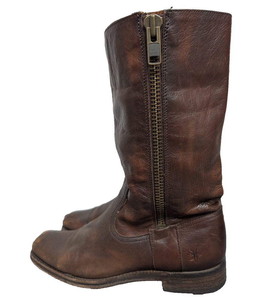 Frye Heath Boots Womens 9B Western Moto Square Toe Zipper Brown Distressed 90s