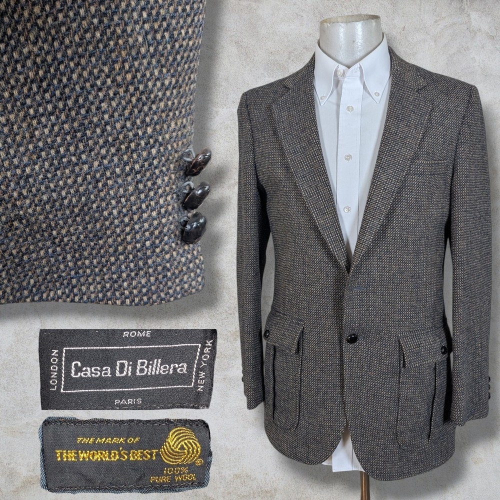 Casa Di Billera Blazer Sport Coat Mens 38L Blue Brown Tweed Wool