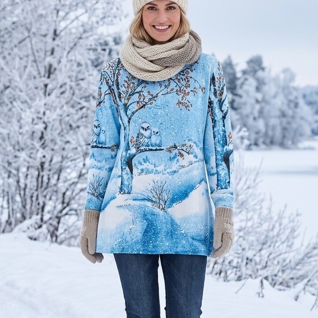 Collections Etc sz XL Blue Snowy Owl Family Novelty Top Beaded Winter