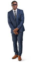Slim Fit 2 Button Navy Blue Windowpane Mens Suit 3 Piece Vested 35071 AZARMAN