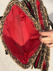 Leopard Print Satchel Top Handle Bag Tan/Black Zip, Detachable Strap, Red Lined