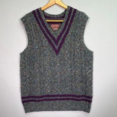 Jeffrey Banks Sweater Vest XL 100% Wool Handknit Donegal Cable Knit Gray