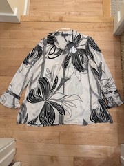 Ulla Popken Floral Collared Button-Up Long Sleeve Blouse Black/White 16/18