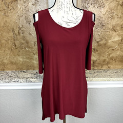 Clara Sun Woo Cold Shoulder Tunic Top Women’s Small Burgundy 3/4 Sleeve Stretch