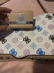 GUESS Logo Print Studded Crossbody Bag White/Beige Zip/Magnetic, Pockets