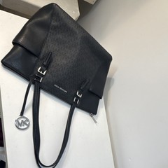 Michael Kors Black Logo Tote Zip Closure Silver Hardware MK Charm Pockets