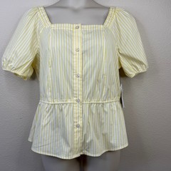 Liz Claiborne Womens Yellow White Popcorn Stripe Peplum Hem Top Blouse Large