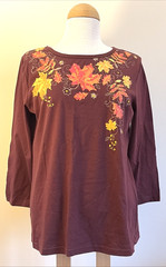 NEW Collections ETC Womens Tops Size M Brown Autumn Leaves & Sequines 3/4 Sleeve