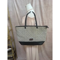 Guess Monogram Logo Canvas Tote Bag Black Tan Zip Top Shoulder Bag