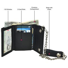 Leatherboss Genuine Leather Men EAGLE Trifold Wallet Chain Biker Trucker, Black