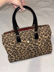 Leopard Print Satchel Top Handle Bag Tan/Black Zip, Detachable Strap, Red Lined