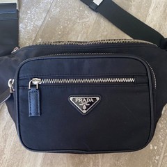Prada Y2K Vintage Black Nylon & Saffiano Leather Belt Bag w/ Silver Hardware