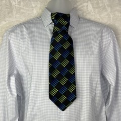 Pavone Italy Men’s Tie 100% Silk In Black/ Neon Blue Green Geometric Outings