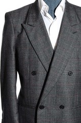 41R 40R Vintage 90s Double-Breasted Gray Overcheck 2-Piece Suit Trousers Jacket
