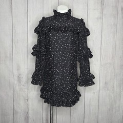 FRAME Silk Celestial Ruffle Dress Noir Black Star Diamond Print, sz Small