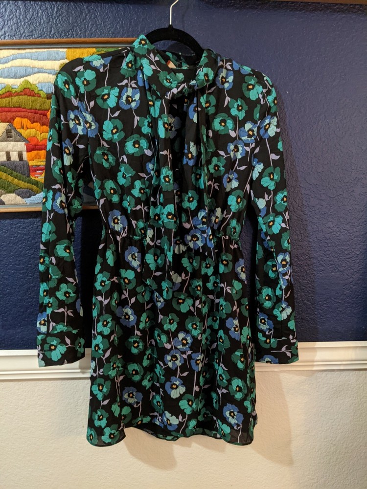 Aritzia Sunday Best Floral Blue Dress w/ Neck Tie Sz XXS Extra Extra Small
