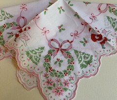 Darling New CHRISTMAS LuRay Handkerchief Hankie! Santas & Trees ~ Scalloped Hem!