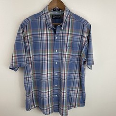 Chaps Sun Drenched Poplin Shirt Mens Large Blue Plaid Short Sleeve Button *READ
