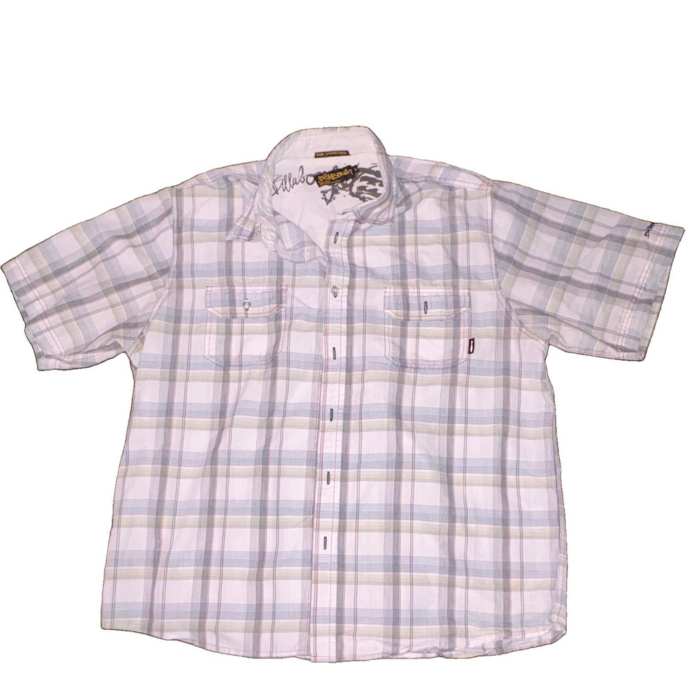 Billabong Men’s L Plaid Short Sleeve Button-Up Shirt White/Gray/Blue Pockets