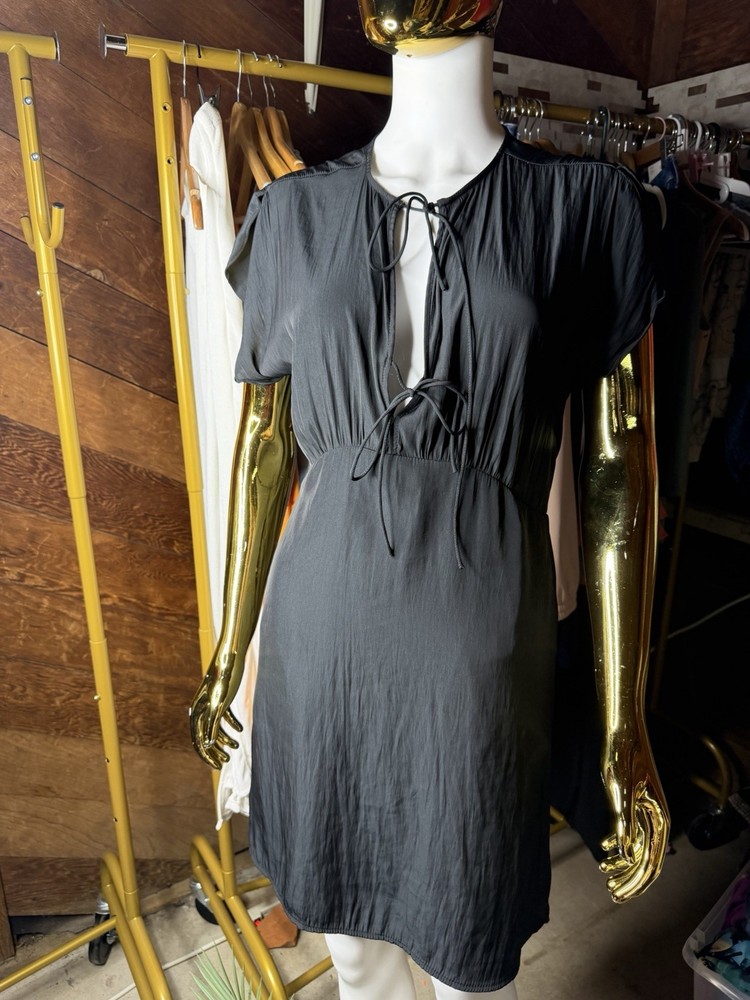 Universal Thread Black Solid Tie-Front V-Neck Cap Sleeve Mini Dress Size S
