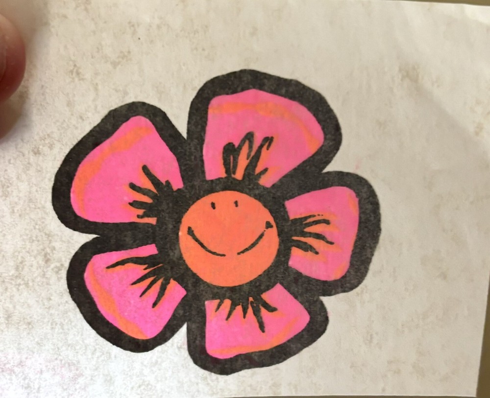 Original Vintage Flower Smile Mini Iron On Transfer approx 2.25 x 2.25 inches