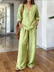 Women’s Loose Top and Pants Set – Soft Light Green Casual 2-Piece Outfit Size M