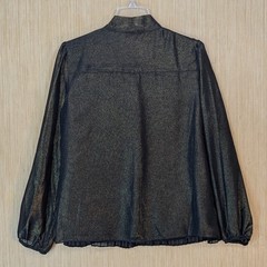 Nanette Lepore Blouse Womens Large Metallic Shimmer Black Gold Pleated Bow Neck