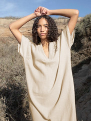 100% Cotton Gauze Sleep Dress Women Loose V Neck Loungewear Home Nightgown Beige