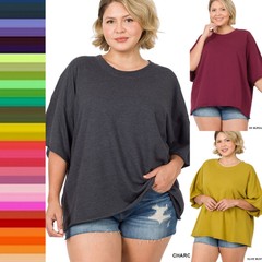 1X 2X 3X Plus Round Neck French Terry Raw Edge Top Short Sleeve Cotton T Shirt